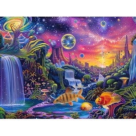 Coveimes Aquarium Background with Galaxy Space Planet Design, Waterfall Landscape Tapestry Fantasy Mountain Wave Wall Tapestry Mysterious Neon Plants Fish Tank with Mushroom Design