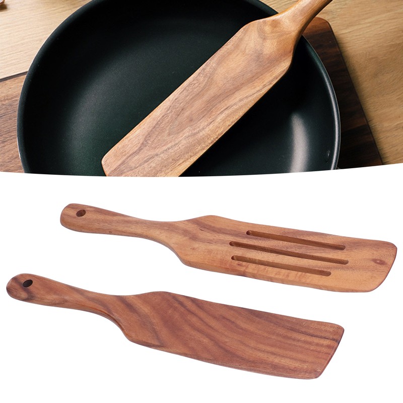 2pcs Slotted Turner Spatula Simple Wooden Spatula with Long Handlefor