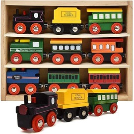 Gift Boutique Wooden Train Cars 9 Piece Collection of Magnetic Trains and Wood Engine and Vehicles Compatible with All Major Brands, A Deluxe Railway Set for Kids