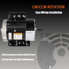 LiGuVCY Universal 3 HP Air Compressor Motor 60HZ 56 Frame 5/8 Inch Shaft 115/230V 3450RPM Black