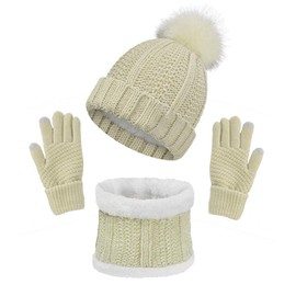 Yutdeng Women's Winter Warm Knit Hat Scarf Gloves Set Touchscreen Gloves Knitted with Circle Loop Scarf Fleece Lined for Ski 3-in-1 Winter Set, beige