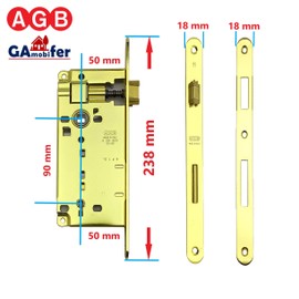 Mortise Lock for Interior Door AGB Series Patent Large (Fr. 18 x 238, In. 90, En. 50, Qu. 8, Key for Chain Wrench, Painted Brass)