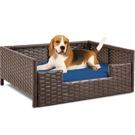 YITAHOME Rattan Dog Sofa Bed with Cushion,Wicker Pet Bed Sofa Couch Indoor Outdoor Water Unaffected for Large Medium Small Dogs Cats (24.8''L*19.7''W*9.8'',Beige)