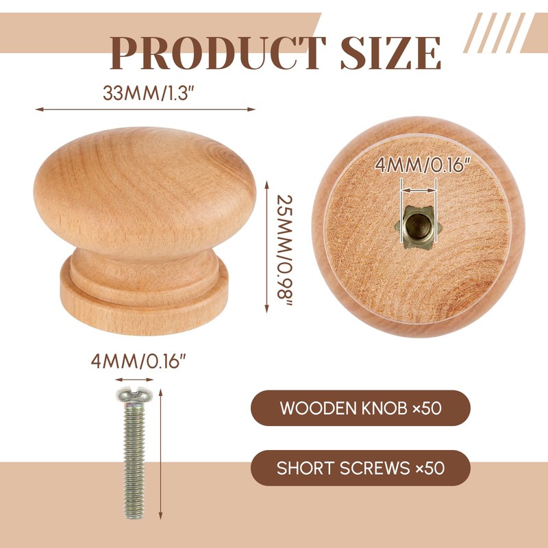 Pinkunn 50 Pcs Wood Unfinished Drawer Knobs, Round Mushroom Shape