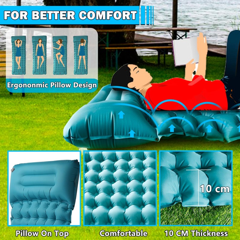 I LITTON Blue Self-Inflating Sleeping Camping Mat with Built-In Pillow,