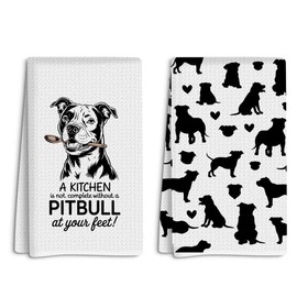 2 Pcs Cute Pitbull Decorative Waffle Dish Towels, Absorbent Decorative Waffle Weave Bath Towel Kitchen Dish Guest Towels, Suitable for Kitchens Homes Bathrooms Restaurant Hotel Cafe Farmhouse Decor
