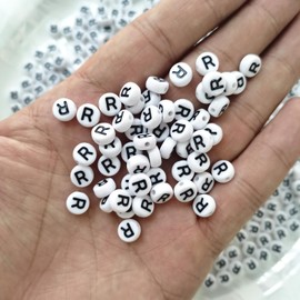 Looconi Letter Beads R 200pcs 7x4mm White Round Acrylic Black Alphabet for Bracelet Jewelry Making