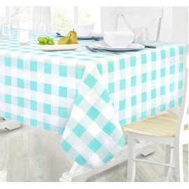 Newbridge Blue Pastel Farmhouse Check Vinyl Tablecloth with Flannel Backing, Spring Gingham Flannel Backed Table Cloth, 52" x 52" Square, Robins Egg Blue