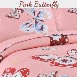 Cozy Line Home Fashions Pink Microfiber Reversible Girls Coverlet Bedspread Quilt Set, Bedspread, Coverlet (Butterflies, Queen - 3 Pieces)