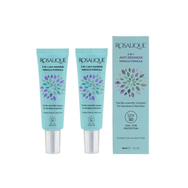 Rosalique 3 in 1 Anti-Redness Miracle Formula Colour Corrector SPF50 for Hypersensitive and Redness Prone Skin, Suitable for All Skin Types 2 x 30 ml