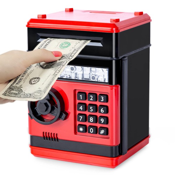 Highttoy Money Bank for Kids,Password Money Box for Kids ATM Savings Bank Electronic Piggy Bank for Boys Girls Ages 3-12 Birthday Gifts Kids Safe Box Cash Coin Money Safe for Kids Red
