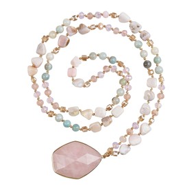 Long Necklaces for Women Boho, Oval Pink Quartz Pendant Necklace, Natural Stone Beaded, Handmade,Vintage & Elegance, Boho Fashion Charm Beaded Necklace for Women