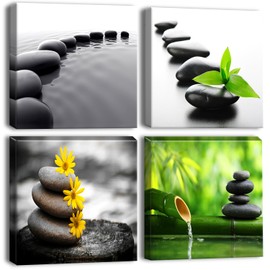 Artscope 4 Pieces Canvas Prints Wall Art - Picture Painting- Modern Wall Artwork Framed for Bathroom Home Office Decor - 12 x 12 Inch (Japanese-style Black Stone and Zen Culture, 12x12)