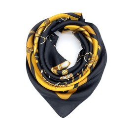 YOUR SMILE Silk Feeling Scarf Women's Fashion Pattern Black/Gold Chain Large Square Satin Headscarf (325)