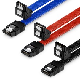 deleyCON 3 x 50 cm SATA 3 Nylon Cable Set Data Cable 6 Gbit/s Connection Cable Motherboard HDD SSD Hard Drive 1 S-ATA Connector 90° Angled Black Blue Red