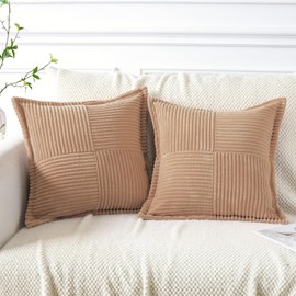 Artscope Corduroy Cushion Covers Pack of 2 Modern Patchwork Throw Pillow Covers Soft Pillowcase Broadside Decorative Textured Cushions for Home decor Sofa Bedroom Couch Light Brown 40x40cm
