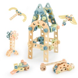 Hawthyhome Wooden Construction Toy Children, Construction Toy Construction Game 56 Pieces, Wooden Building Toy for Children, Construction Set Wooden Toy Building Tools for Boys and Girls from 3 Years