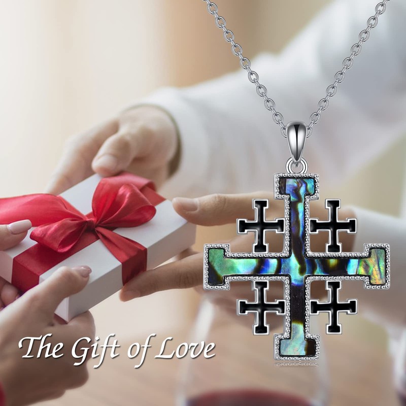YFN Crusader Jerusalem Cross Necklace Sterling Silver Abalone Shell Cross