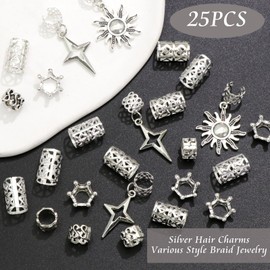 VENOFEN 25PCS Silver Hair Jewelry Viking Hair Accessories Cross Braid Clips Crown Loc Dreadlock Jewelry Viking Beard Beads Hair Peadant Multi Style Hair Decoration for Women and Men