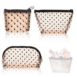 BSITSSS 3 Pieces Portable Mesh Toiletry Bag, Fashion Mesh Makeup Bag, Black Heart Mesh Shower Bag, Quick Dry Clear Travel Toiletries Bag, Clear Travel Bag for Gym Camping College Dorm Room Bathroom