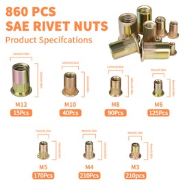 GOOBETTER Rivet Nut Tool Kit, 860pcs Metric Rivet Nuts Assortment Kit, M12 M10 M8 M6 M5 M4 M3 Flat Head Threaded Insert Nuts, Zinc Plated Carbon Steel Nutsert for Furniture Decoration Automotive