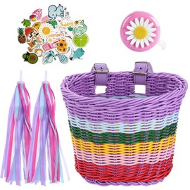 CJBIN Kids Bike Basket, Bike Basket Front Kids, Handwoven Bicycle Basket, Cycling Baskets with Spare Leather Straps, Cute Sticker, Bike Tassels and Bike Bell, Bike Accessories for Kids Girls, Coloured