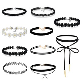 Oidea 10 Piece Set Suede Classic Gothic Tattoo Stretch Lace Choker Choker/Necklace for Women Girls Ladies – Black/White