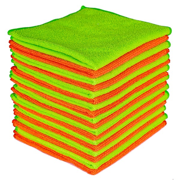 DSV Standard Paño de limpieza de microfibra, paquete de 24 | verde y naranja| Tamaño: 11.8 x 13.8 pulgadas | Ropa de lavado súper absorbente reutilizable para limpieza de ventanas de coche y paño de pantalla como regalo