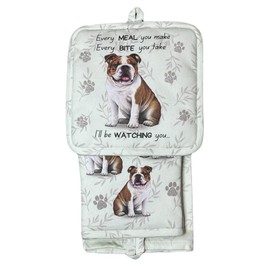 Bulldog 3-Piece Kitchen Set - Oven Mitt, Pot Holder & Kitchen Towel Set, Heat Resistant up to 420 F, Soft Quilted Cotton for Cooking, Baking, BBQ, Pet Lover Gifts (Bulldog)