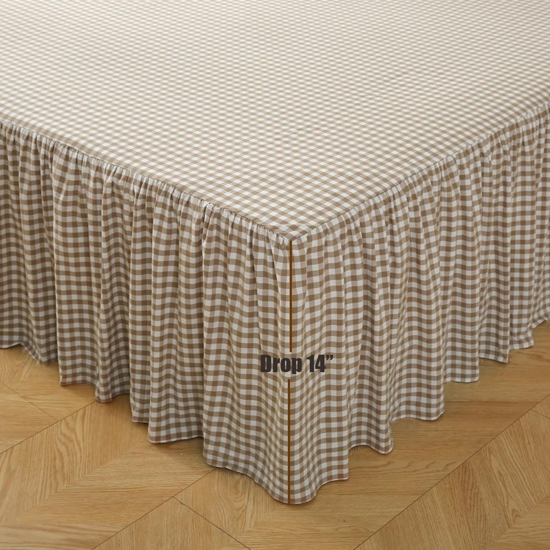 Silnuo Taupe/White Plaid Bed Skirt Washed Cotton Shabby Gingham Checkered