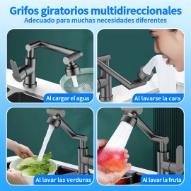 Vanance® Grifo Cocina Monomando Llaves Para Fregadero Flexible 1080° Acero Inoxidable Caliente O Frío Grifo Mezclador Cocina Color Gris Oscuro