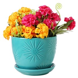 MyGift Aqua Sunburst Design Ceramic Flower Planter Pots, Decorative Plant Containers with Saucers, Set of 2