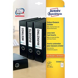 AVERY Zweckform C32267-25 Ordnerrücken Einsteckschilder (125 Rückenschilder, 54x190mm auf A4, bedruckbar, zum Einstecken für breite/kurze Ordner, Mikroperforation, hochwertiger Karton) 25 Blatt, weiß