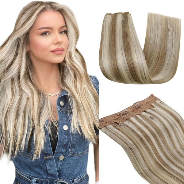 RUNATURE Secret Wire on Hair Extensions, 50 cm / 20 Inches, One Peace Real Hair Extensions, Wire, Blonde Highlight, 100 g, Adjustable Wire Hair Extensions, Real Hair, Colour #8P24