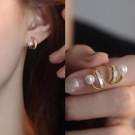 TseenYi Vintage Pearl Studs Earring Gold Split Hoop Earring Boho Post Split Huggie Earring White Enamel Wrap Earring Bridal Pearl Wedding Earring Jewelry for Women and Girls Gifts