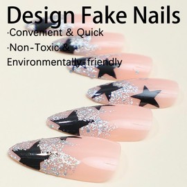 Press on Nails Almond Glitter 24Pcs Glossy Full Cover Acrylic French Tips Medium False Nails with Star Designs Artificial Almond Fake Nails with Charm Glue Stick on Fingernails for Women Girls