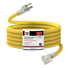 EP 12 Ft Lighted Extension Cord - 12/3 SJTW Heavy Duty Yellow Extension Cable with 3 Prong Grounded Plug - Power Cord for Lawn, Garden, Appliances