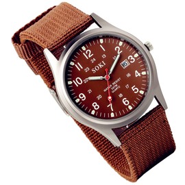 Silverora Watches Men's Military Watch Nylon: Large Simple Dial Analogue Quartz Wrist Watch Date Calendar Wristwatches Length Nylon Strap Watch with Strong Luminous Hands Gifts for Men, brown,