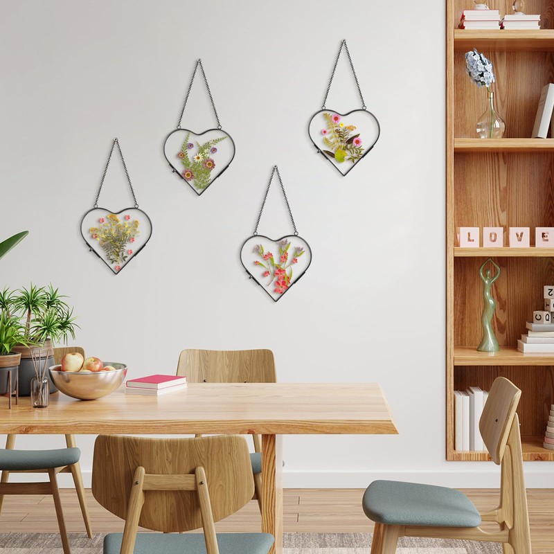 Cinnvoice 4 Pcs Heart Glass Pressed Flower Frame, Heart Hanging