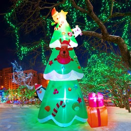 PETUOL Christmas Inflatable Decorations Tree, 8 Foot Blow Up Lighted Xmas Tree Decoration with Santa, Penguin, Snowman, Elk, Polar Bear, Candy and Gift Boxes for Indoor Outdoor Yard