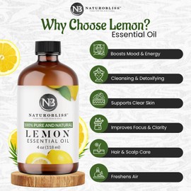 NaturoBliss 100% Pure Lemon Essential Oil Therapeutic Grade Premium Quality (4 fl. oz) with Glass Dropper, Perfect for Aromatherapy