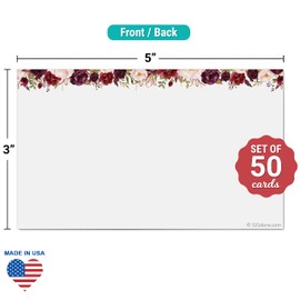 321Done Red Rose Floral Index Cards - Blank, No Lines - (50) Small 3x5" White Cards - for Studying, Learning, Flashcards, Desk Notes, Messages, Notecards, Card Making - Cute, Pretty - Made in The USA