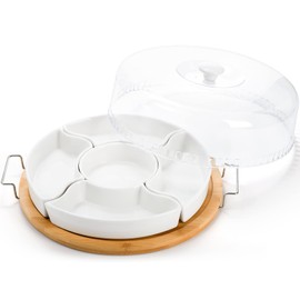yarlung Ceramic Divided Serving Dishes Platter with Clear Lid, 11 Inch Bamboo Appetizer Tray with Handles 5 Removable Snacks Bowls Relish Tray for Candy and Nut, Chips and Dips, Veggies