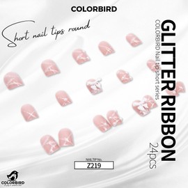 COLORBIRD Z219 Nail Tips, Short, 24 Pieces, Pink, Nail Tips, Cute, Square-Off, Round