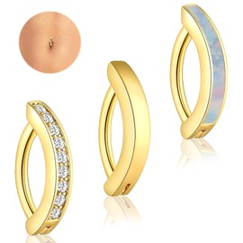 Bisienya 3Pcs Belly Rings,14g Stainless Steel Belly Button Ring,Cubic Zirconia Opal Rail Ring Reverse Curved Body Jewelry Gold