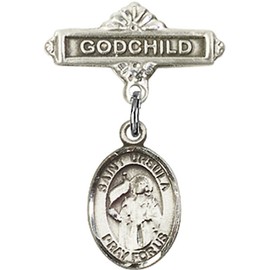 Sterling Silver Baby Badge with St. Ursula Charm and Godchild Badge Pin 1 X 5/8 inches