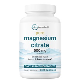 Pure Magnesium Citrate Supplements 500mg, 300 Capsules | Fat-Soluble Vitamin C Added | 100% Chelated | Supports Digestion, Muscle & Heart Health | Only Active Ingredients