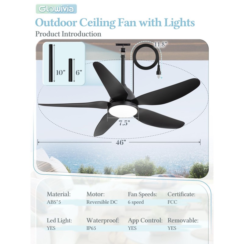46" Outdoor Ceiling Fan with Lights,Plug in Hanging,IP65 Waterproof(Black)