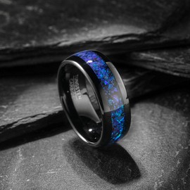 NUNCAD Tungsten Ring for Men 8 mm Black Rings Red/Blue Opal Men's Engagement Ring with Wood/Meteorite/Gold Foil Paper Hammered Brushed / Polished Size 54.4 to 21.4, Tungsten