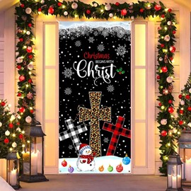 Christmas Nativity Door Cover Cross Religious Winter Front Door Decorations Banner Christmas Begins with Christ Snowman Snowflakes Porch Sign Backdrop Background for Xmas Holiday Party Supplies